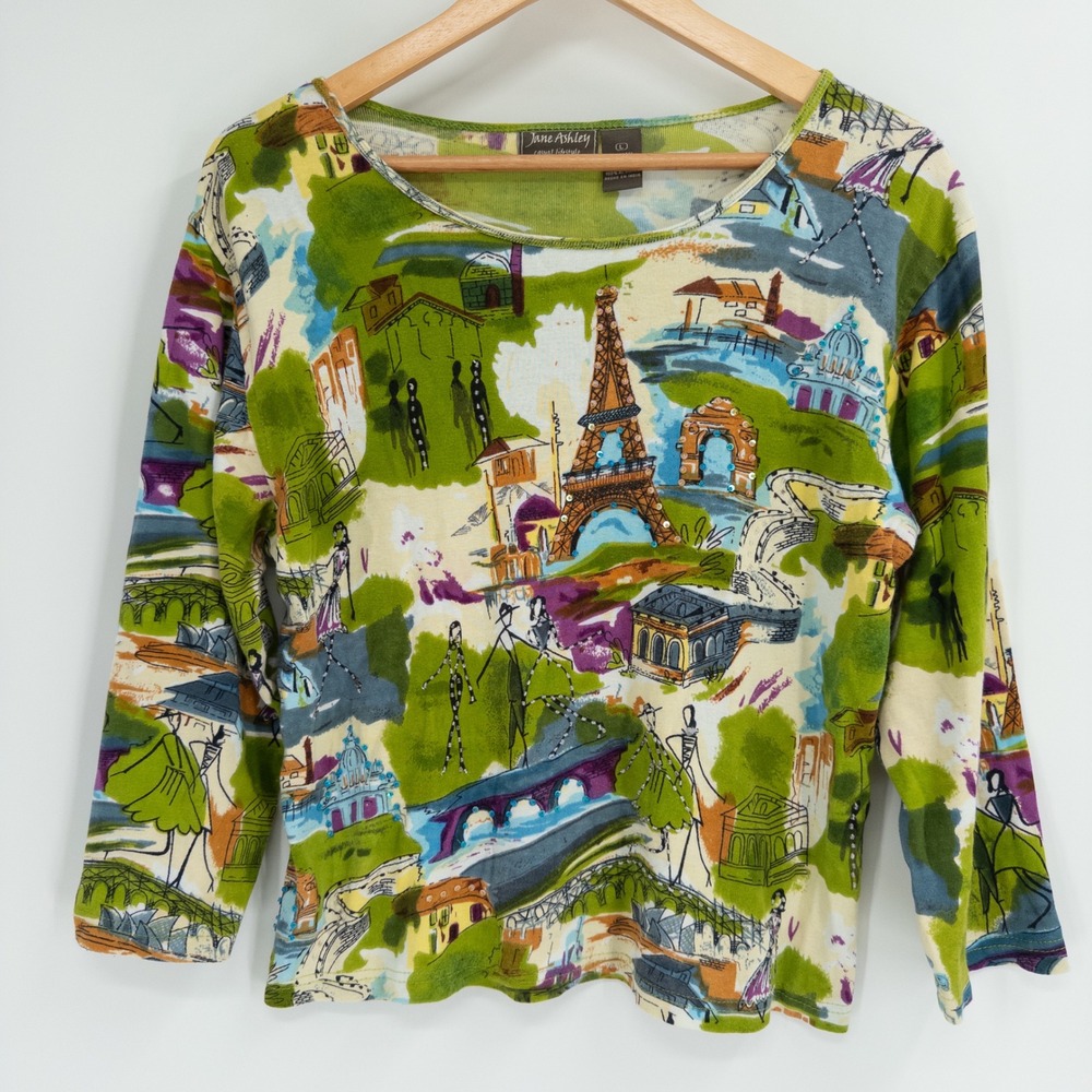 Y2K Paris Top Womens L Green Eiffel Tower Beaded All Over Print AOP Retro Indie